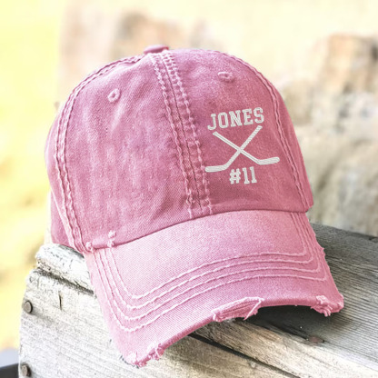 Custom Name And Number Hockey Distressed Baseball Cap