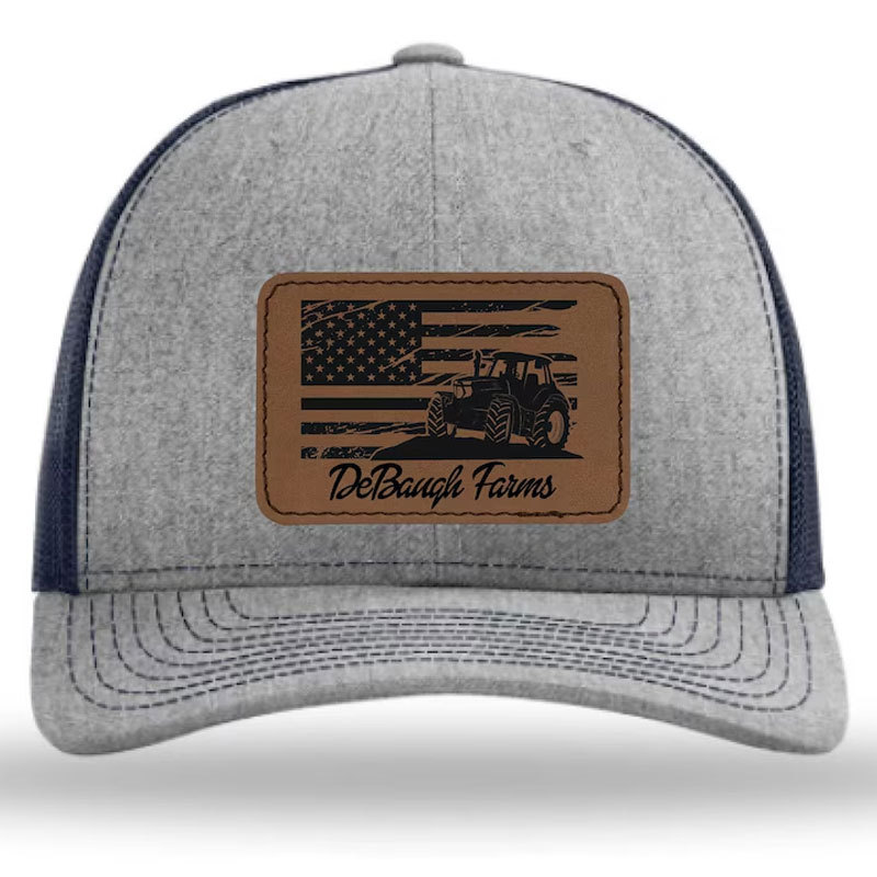 Personalized Farm Name and Tractor, Cow, Sheep, Chicken, Goat with American Flag Leather Trucker Hat