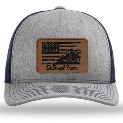 Personalized Farm Name and Tractor, Cow, Sheep, Chicken, Goat with American Flag Leather Trucker Hat