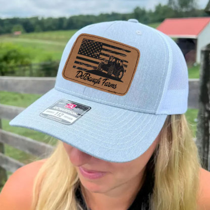 Personalized Farm Name and Tractor, Cow, Sheep, Chicken, Goat with American Flag Leather Trucker Hat