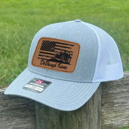 Personalized Farm Name and Tractor, Cow, Sheep, Chicken, Goat with American Flag Leather Trucker Hat