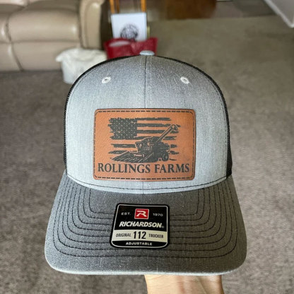 Personalized Farm Name and Tractor, Cow, Sheep, Chicken, Goat with American Flag Leather Trucker Hat