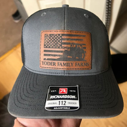 Personalized Farm Name and Tractor, Cow, Sheep, Chicken, Goat with American Flag Leather Trucker Hat