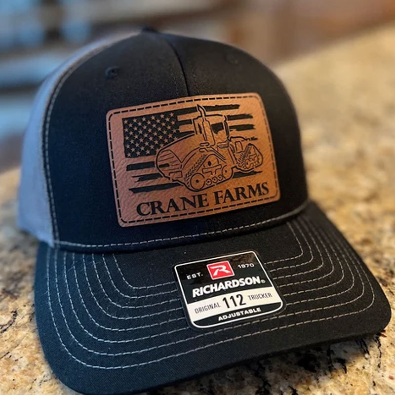Personalized Farm Name and Tractor, Cow, Sheep, Chicken, Goat with American Flag Leather Trucker Hat