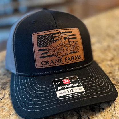 Personalized Farm Name and Tractor, Cow, Sheep, Chicken, Goat with American Flag Leather Trucker Hat