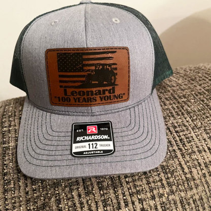 Personalized Farm Name and Tractor, Cow, Sheep, Chicken, Goat with American Flag Leather Trucker Hat