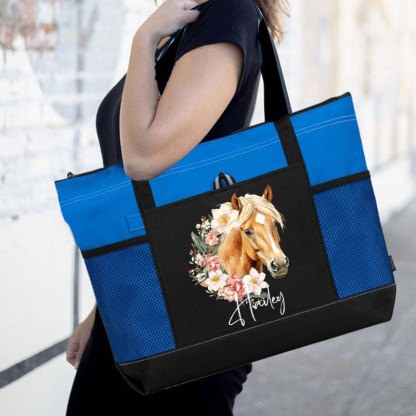 Personalized Birth Flower Horse Birthmark Name Large Tote Bag