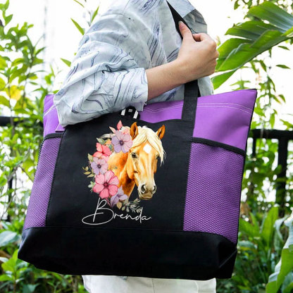 Personalized Birth Flower Horse Birthmark Name Large Tote Bag