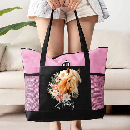 Personalized Birth Flower Horse Birthmark Name Large Tote Bag