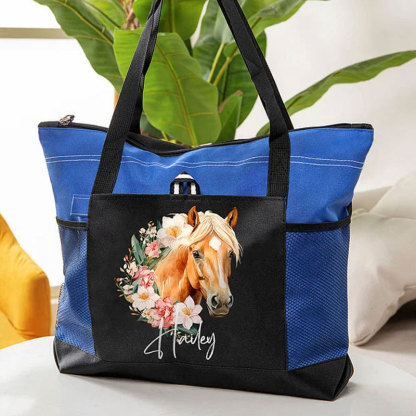 Personalized Birth Flower Horse Birthmark Name Large Tote Bag