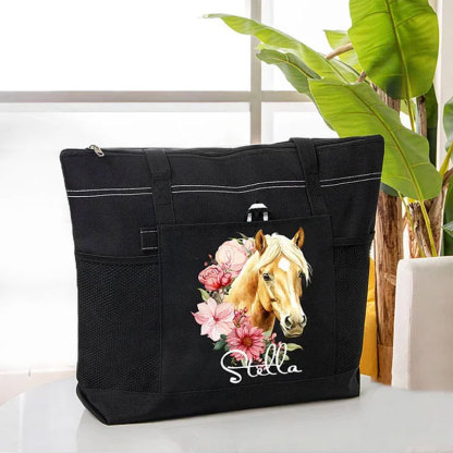 Personalized Birth Flower Horse Birthmark Name Large Tote Bag