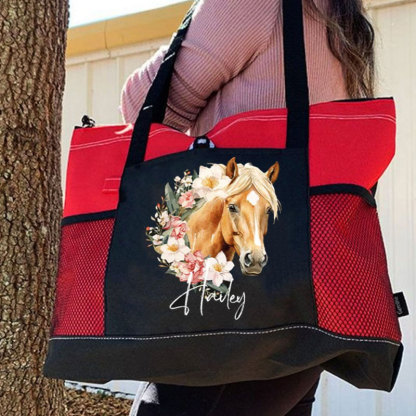 Personalized Birth Flower Horse Birthmark Name Large Tote Bag