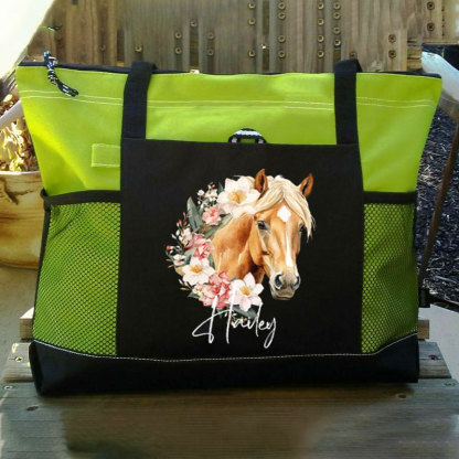 Personalized Birth Flower Horse Birthmark Name Large Tote Bag
