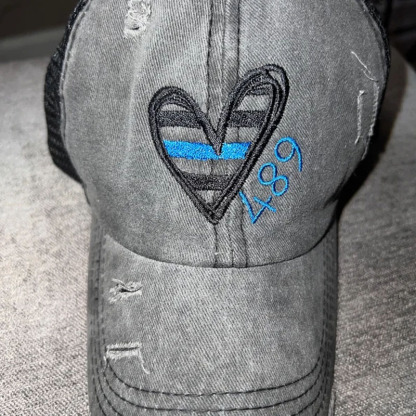 Personalized Badge Number Police Thin Blue Line Heart Cap