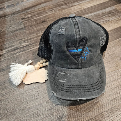 Personalized Badge Number Police Thin Blue Line Heart Cap