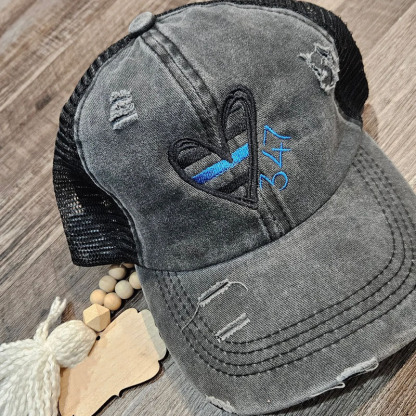 Personalized Badge Number Police Thin Blue Line Heart Cap