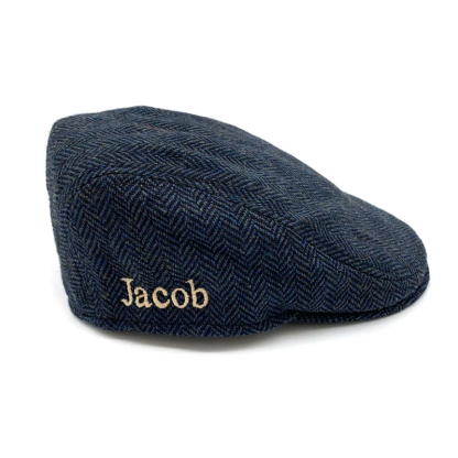 Personalized Embroidered Flat Cap Tweed Herringbone