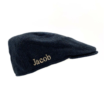 Personalized Embroidered Flat Cap Tweed Herringbone