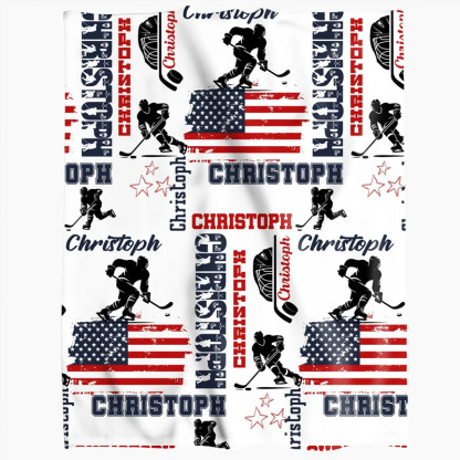 Personalized Hockey Boy US Flag Blanket