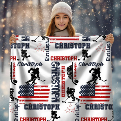 Personalized Hockey Boy US Flag Blanket