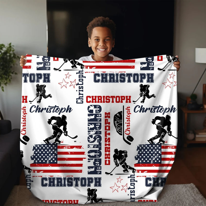 Personalized Hockey Boy US Flag Blanket