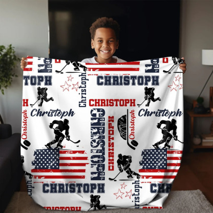 Personalized Hockey Boy US Flag Blanket