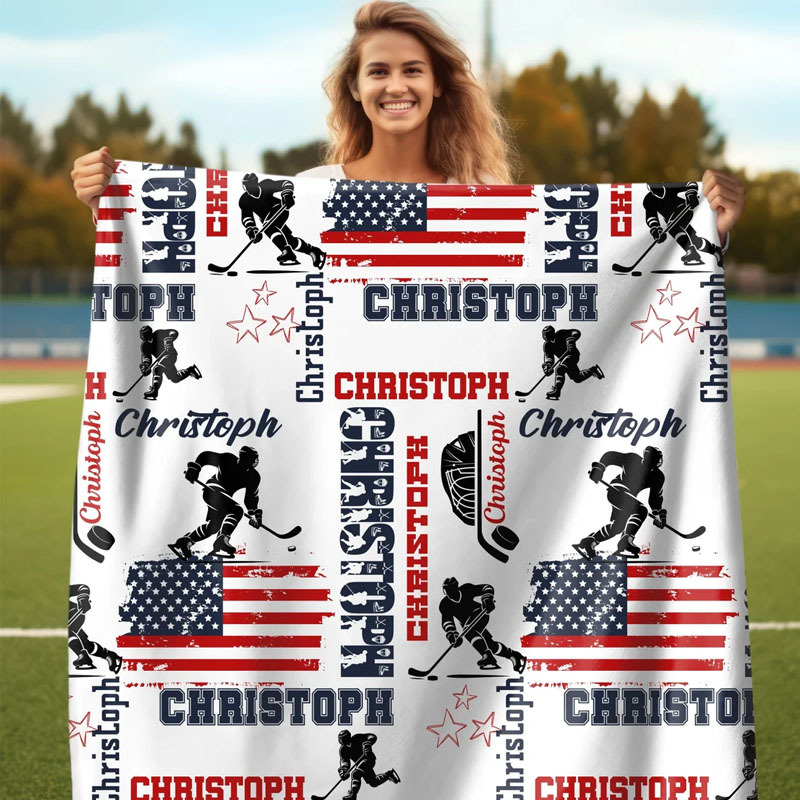 Personalized Hockey Boy US Flag Blanket