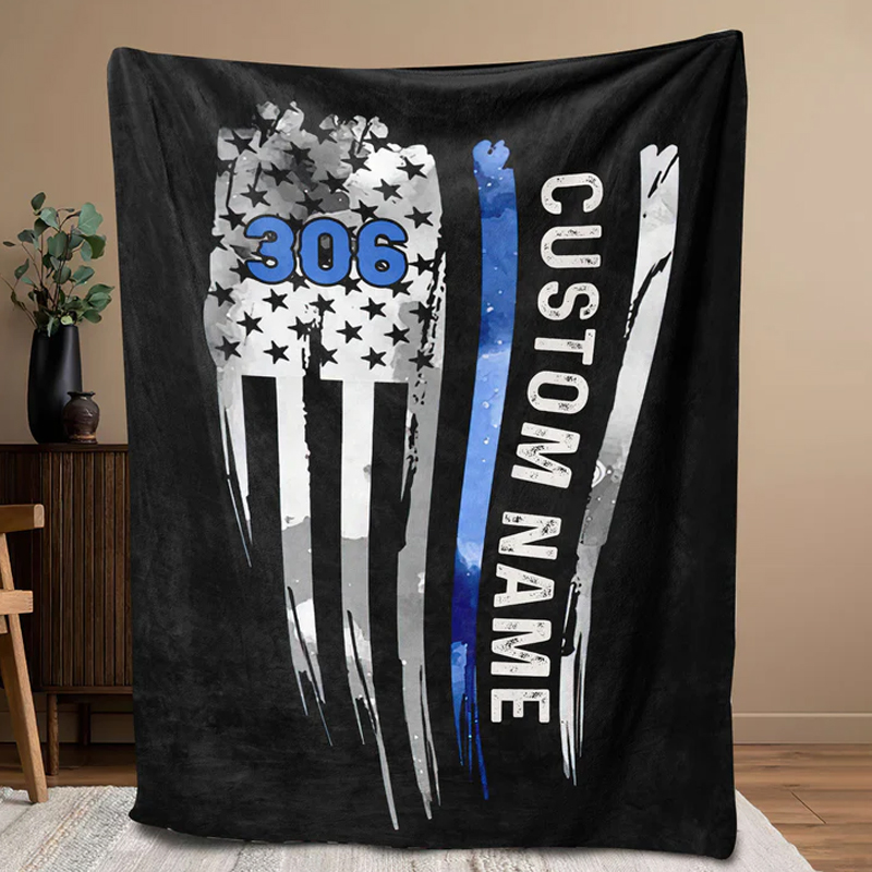 Personalized Police Blanket With American Flag Gift For Policeman