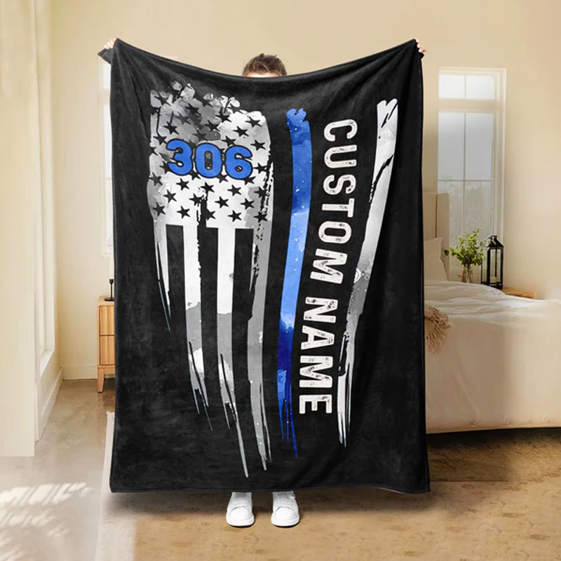 Personalized Police Blanket With American Flag Gift For Policeman