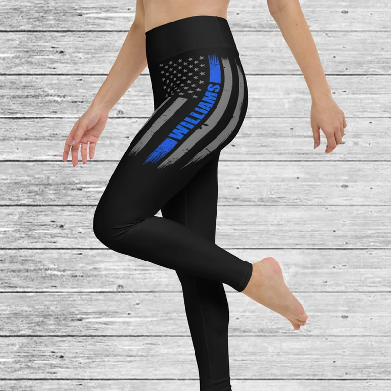 Personalized Thin Blue Line Flag Leggings - Police Officer Gift