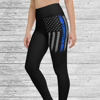Personalized Thin Blue Line Flag Leggings - Police Officer Gift