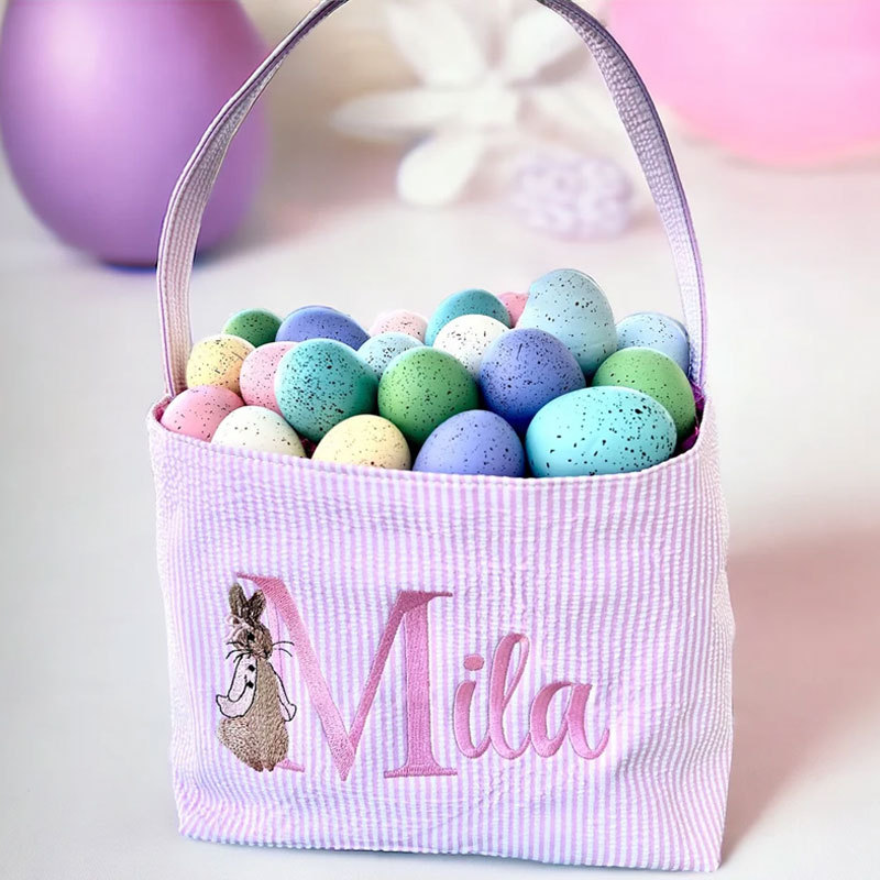 Seersucker Easter Basket Personalized Embroidered Monogrammed with Peter Rabbit