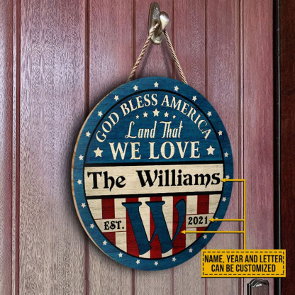Stars And Stripes God Bless Custom Personalized Wood Door Sign