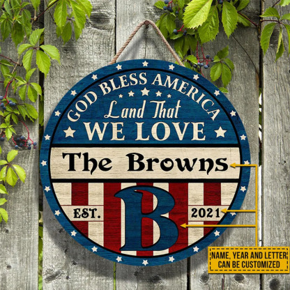 Stars And Stripes God Bless Custom Personalized Wood Door Sign