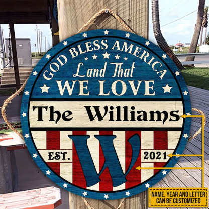 Stars And Stripes God Bless Custom Personalized Wood Door Sign
