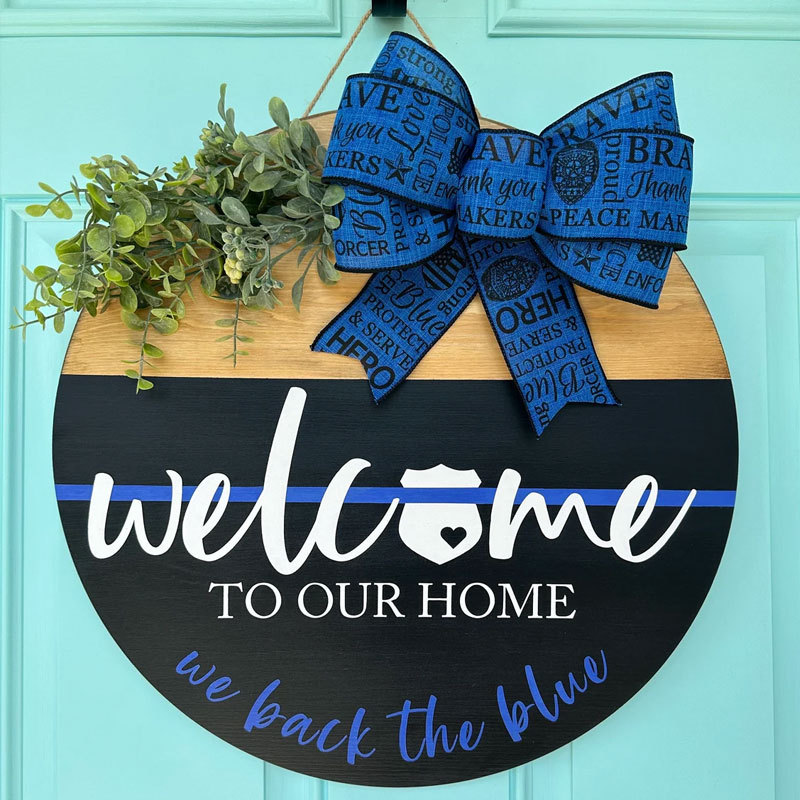 Back the Blue Wooden Door Hanger, Thin Blue Line Sign