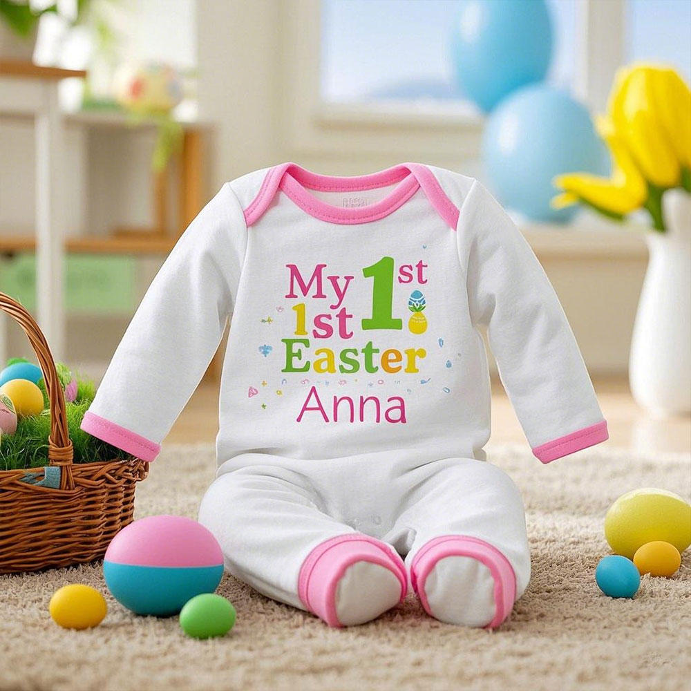 Custom Baby Girl 1st Easter Pink-Trimmed Baby Romper
