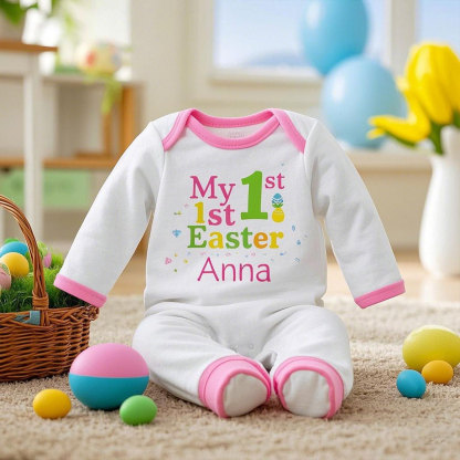 Custom Baby Girl 1st Easter Pink-Trimmed Baby Romper