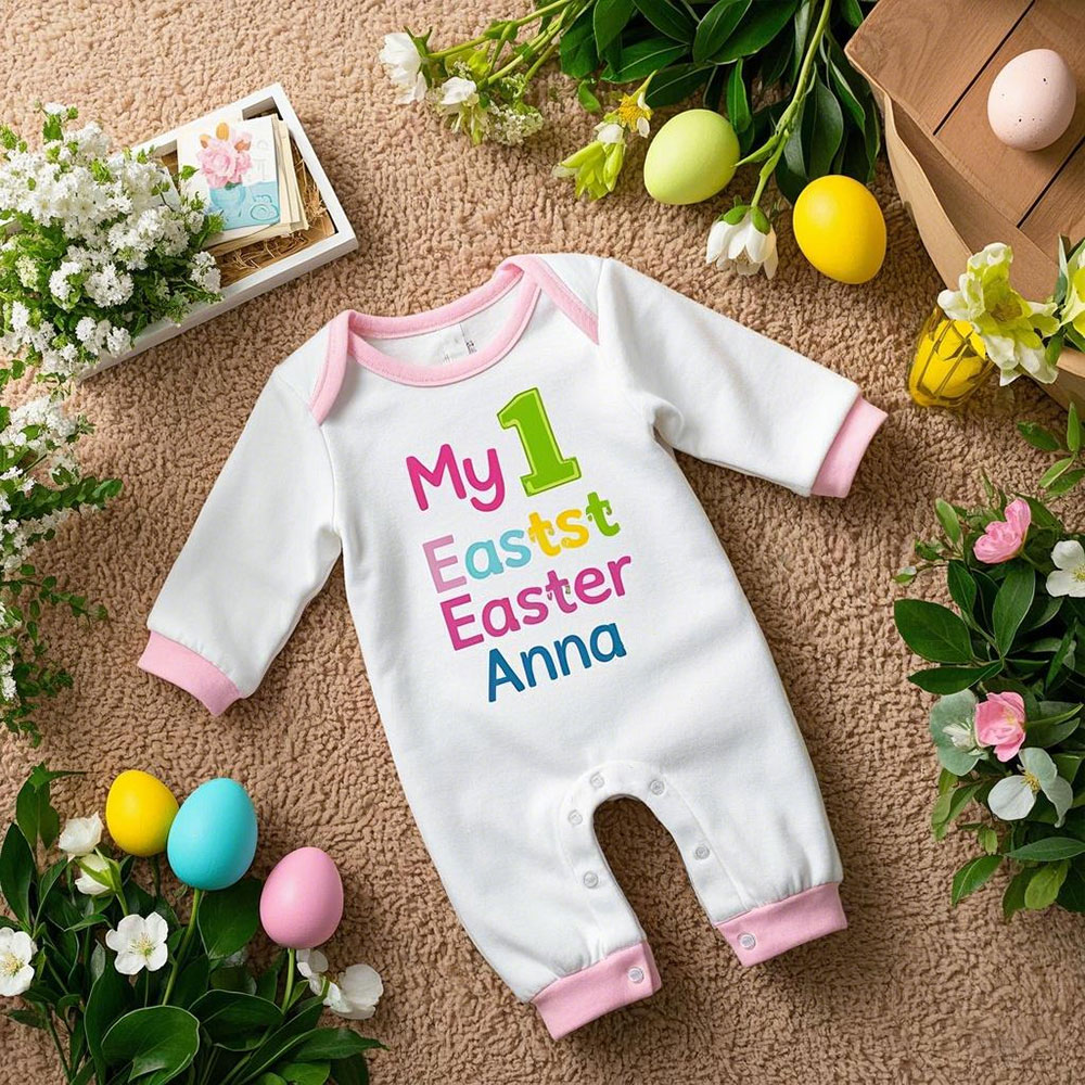 Custom Baby Girl 1st Easter Pink-Trimmed Baby Romper