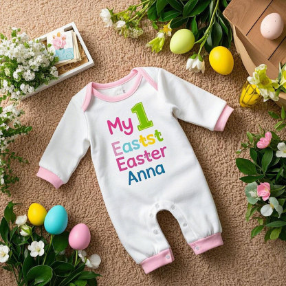 Custom Baby Girl 1st Easter Pink-Trimmed Baby Romper