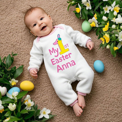 Custom Baby Girl 1st Easter Pink-Trimmed Baby Romper