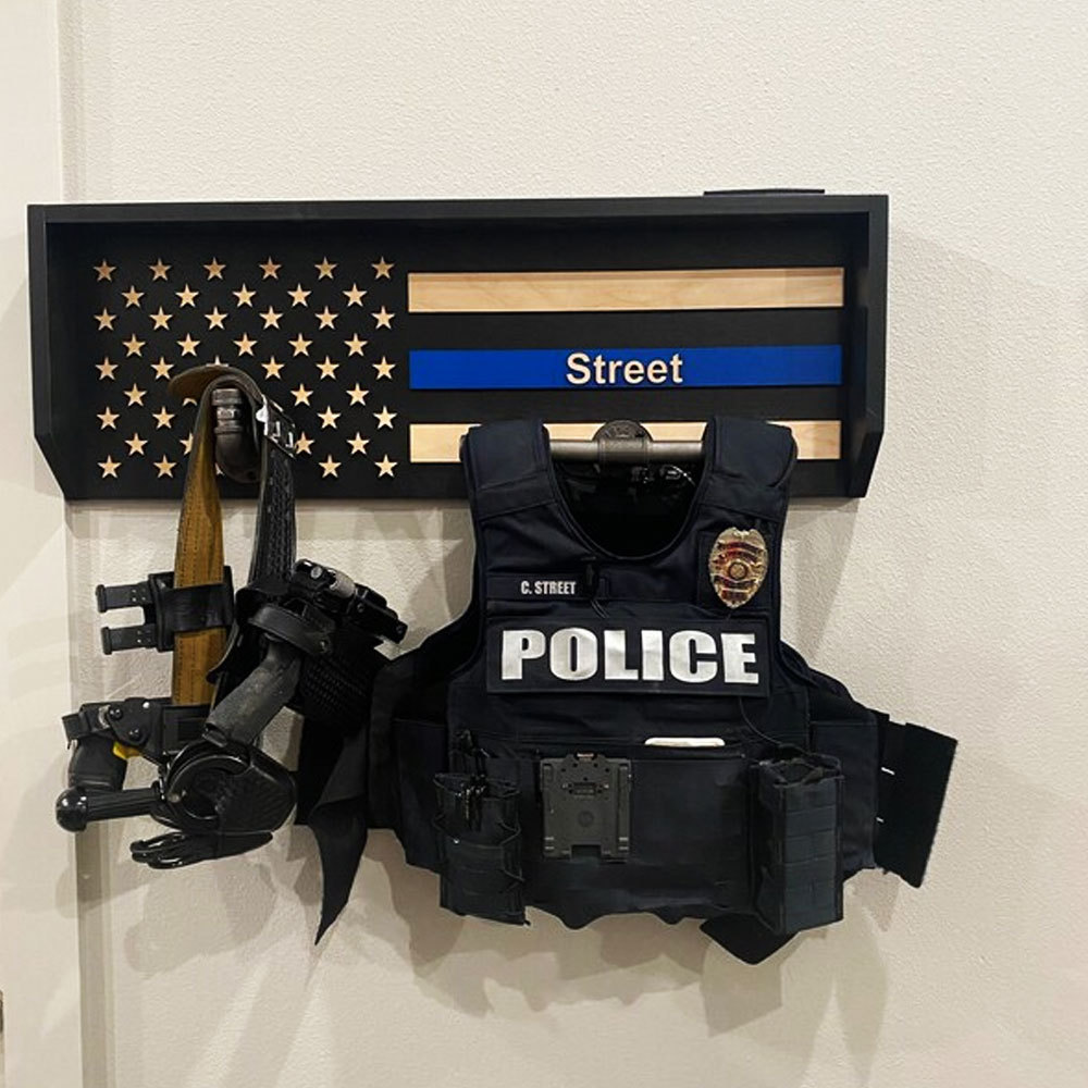 Personalized 3D Name Police Gear Rack Duty Vest Holder, Thin Blue Line Hanger