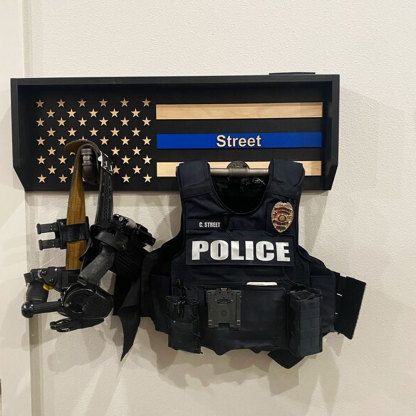 Personalized 3D Name Police Gear Rack Duty Vest Holder, Thin Blue Line Hanger