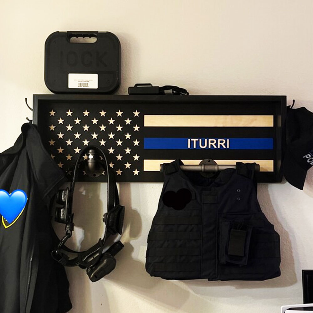 Personalized 3D Name Police Gear Rack Duty Vest Holder, Thin Blue Line Hanger