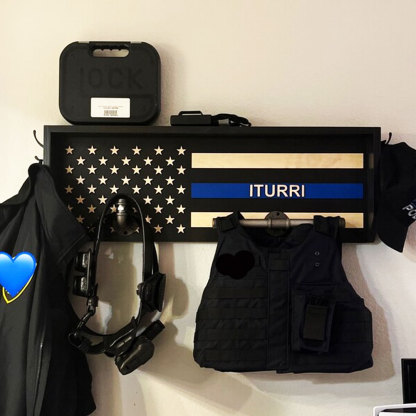 Personalized 3D Name Police Gear Rack Duty Vest Holder, Thin Blue Line Hanger