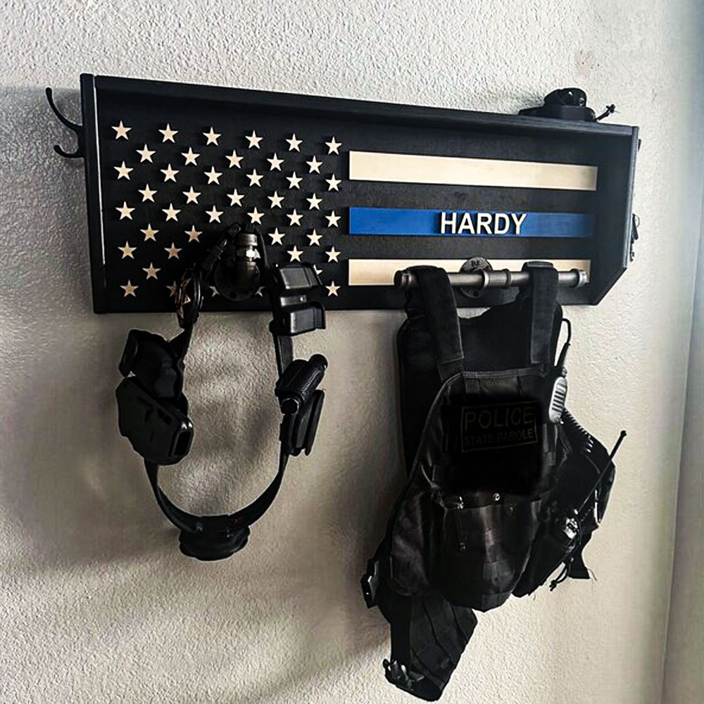 Personalized 3D Name Police Gear Rack Duty Vest Holder, Thin Blue Line Hanger