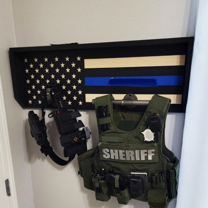 Personalized 3D Name Police Gear Rack Duty Vest Holder, Thin Blue Line Hanger