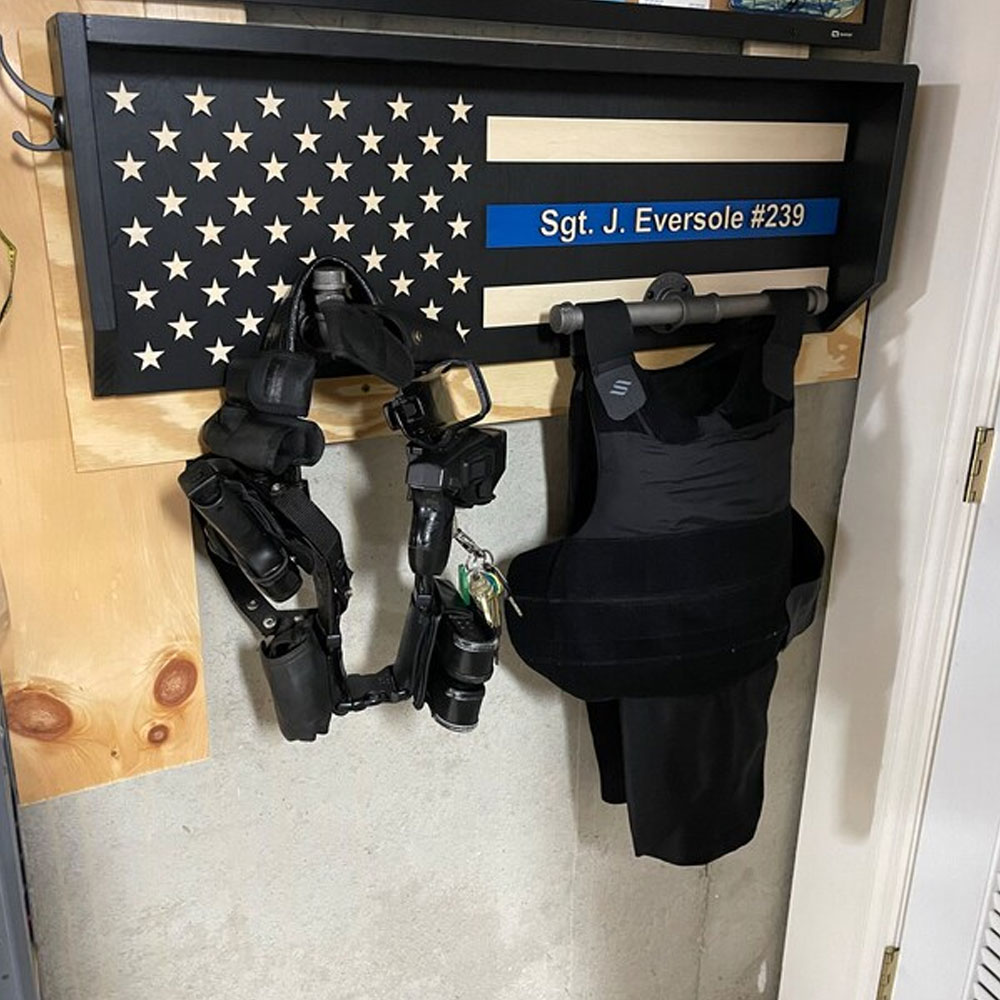 Personalized 3D Name Police Gear Rack Duty Vest Holder, Thin Blue Line Hanger