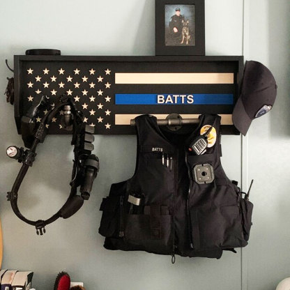 Personalized 3D Name Police Gear Rack Duty Vest Holder, Thin Blue Line Hanger