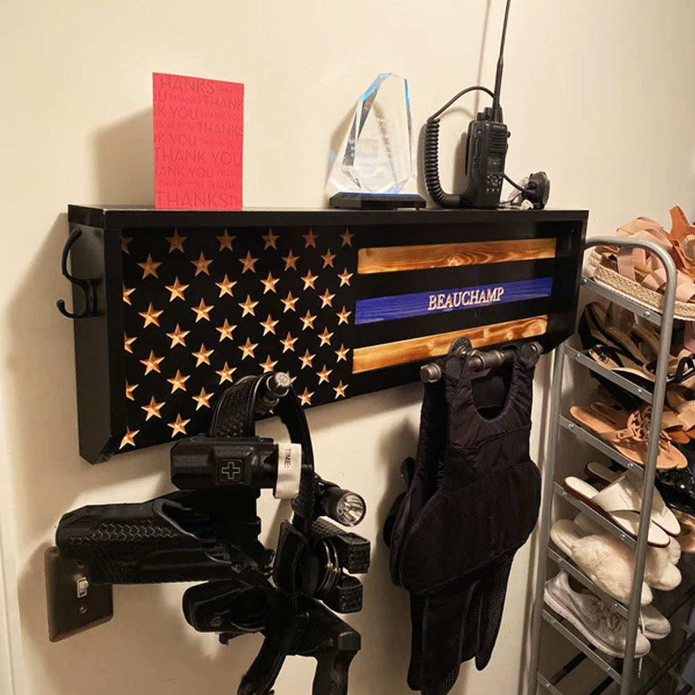 Personalized 3D Name Police Gear Rack Duty Vest Holder, Thin Blue Line Hanger